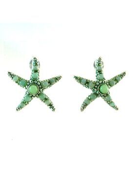 Napier Starfish Silver-Tone Earrings Green Gemstone Accents Vintage Nautical